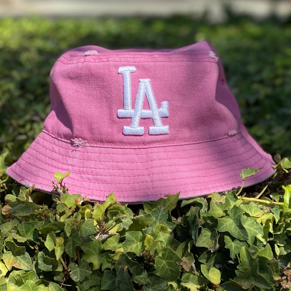 Hot, pink LA bucket, hat, distressed